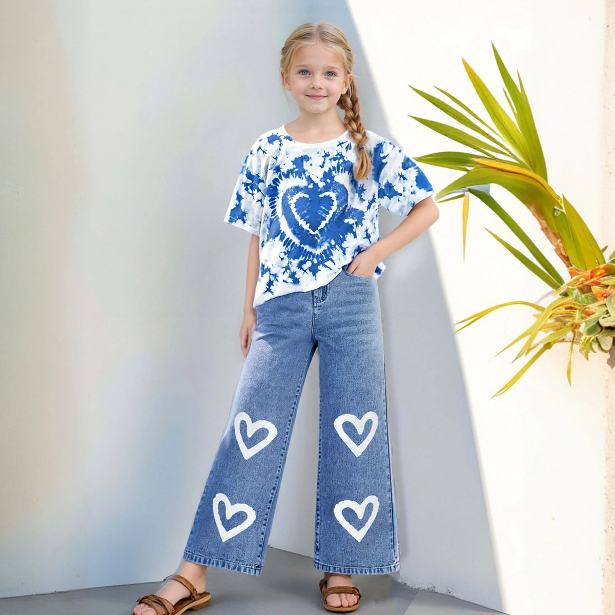 Girls Blue Tie-Dye Heart Print T-Shirt & Denim Pants Set Sets