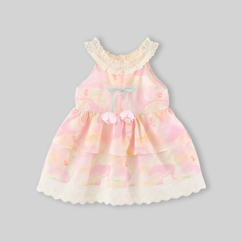 Girls Pink Floral Print Tiered Fit And Flare Dress Casual Dresses