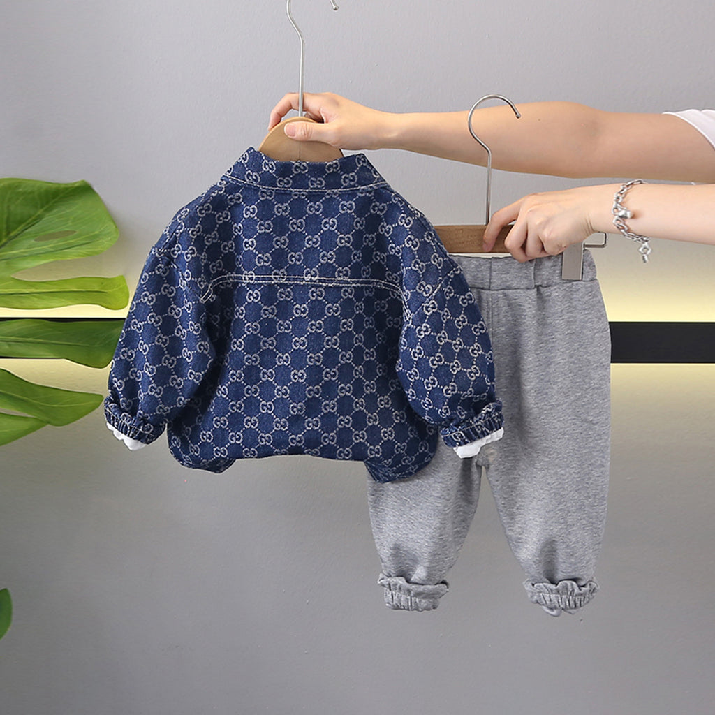 Boys Blue Abstract Printed Shacket With T-Shirt & Joggers Set Sets