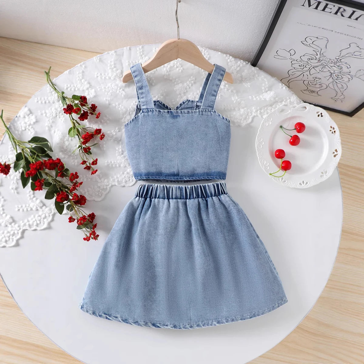 Girls Blue Cherry Embroidered Sleeveless Denim Crop Top with Pleated Skirt Sets 2 pc. Sets