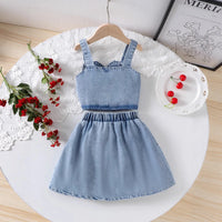 Girls Blue Cherry Embroidered Sleeveless Denim Crop Top with Pleated Skirt Sets 2 pc. Sets