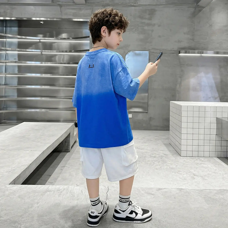 Boys Blue Ombre Drop Shoulder T-Shirt With Shorts Sets Sets