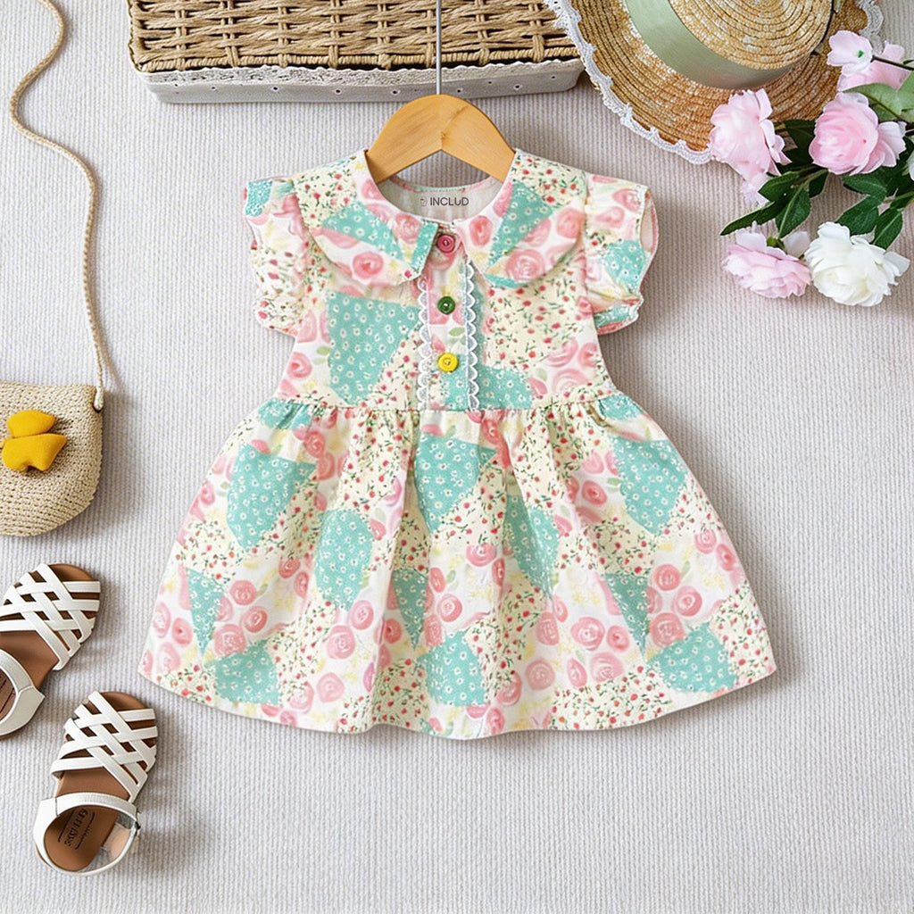 Girls Beige Floral Print Peter Pan Collar Fit And Flare Dress Casual Dresses Beige 1-2 Y