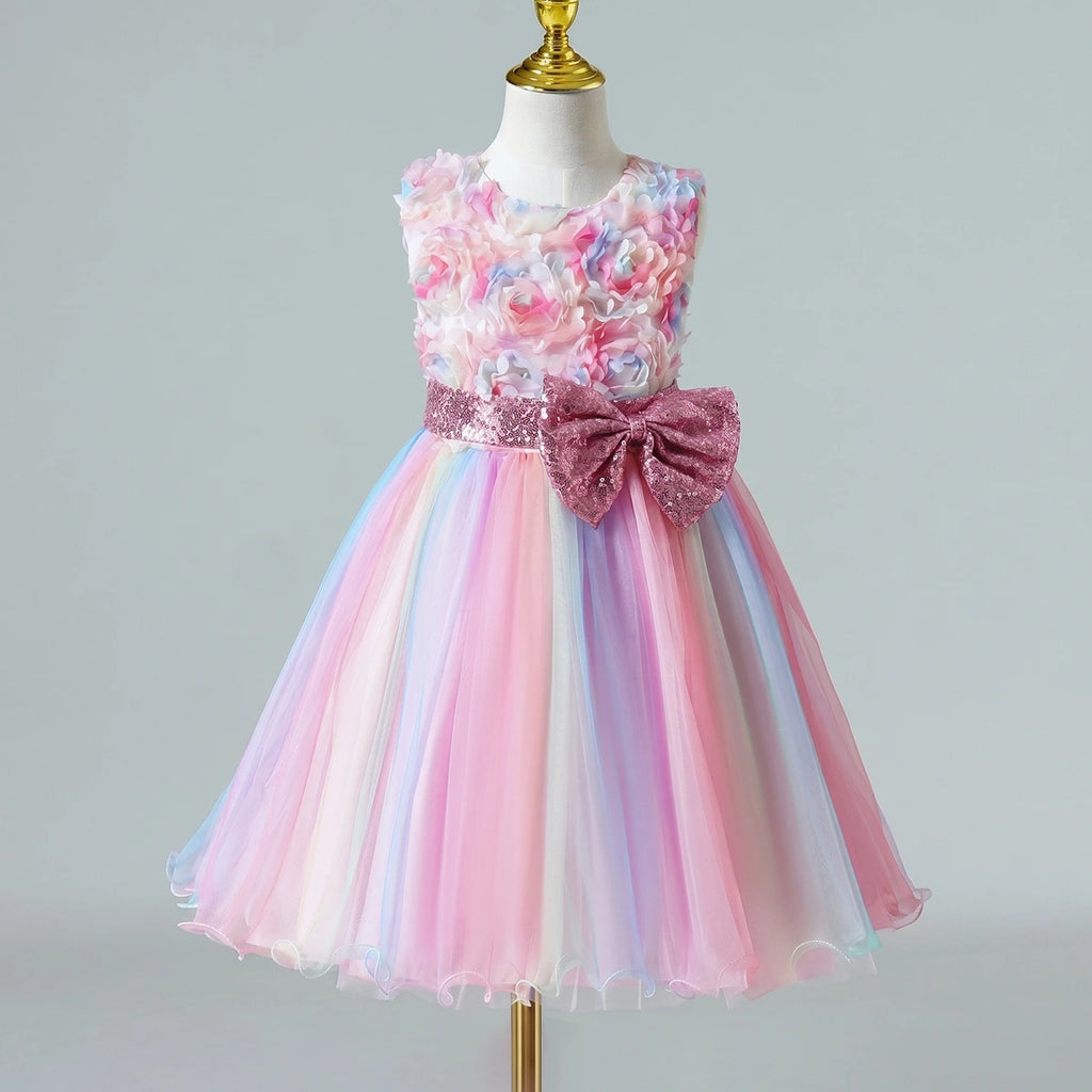 Girls Pink Floral Applique Fit & Flare Party Wear Dress With Sequin Bow Party Dresses Pink 3-4 Y