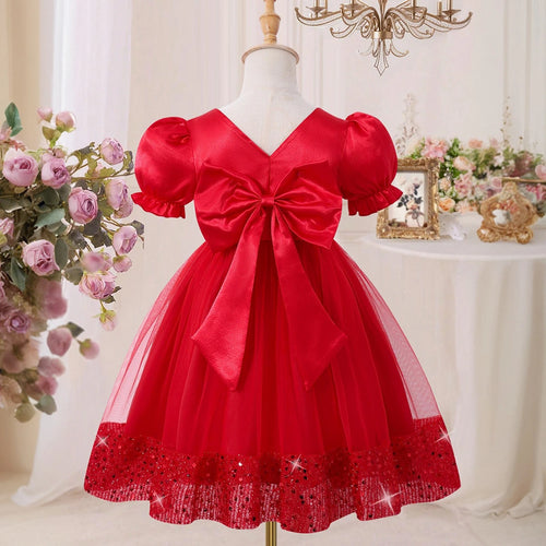 Girls Red Sequins Embellished Puff Sleeve Fit & Flare Party Dress Party Dresses