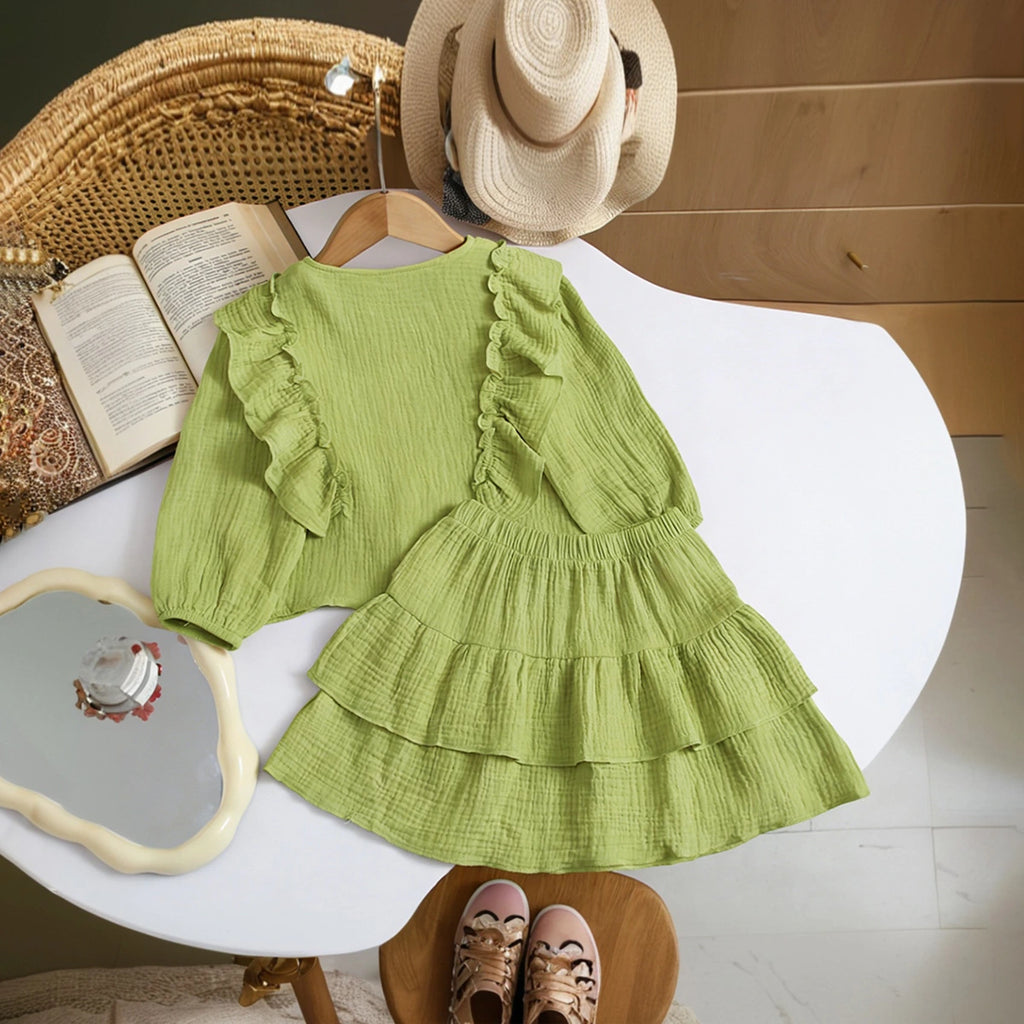 Girls Green Textured Ruffled Top with Tiered Skirt Sets 2 pc. Sets