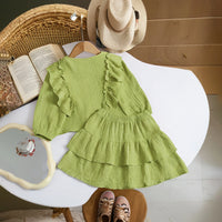 Girls Green Textured Ruffled Top with Tiered Skirt Sets 2 pc. Sets