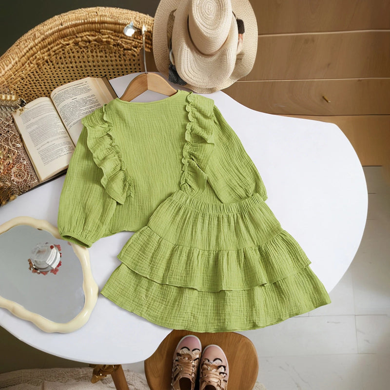 Girls Green Textured Ruffled Top with Tiered Skirt Sets 2 pc. Sets