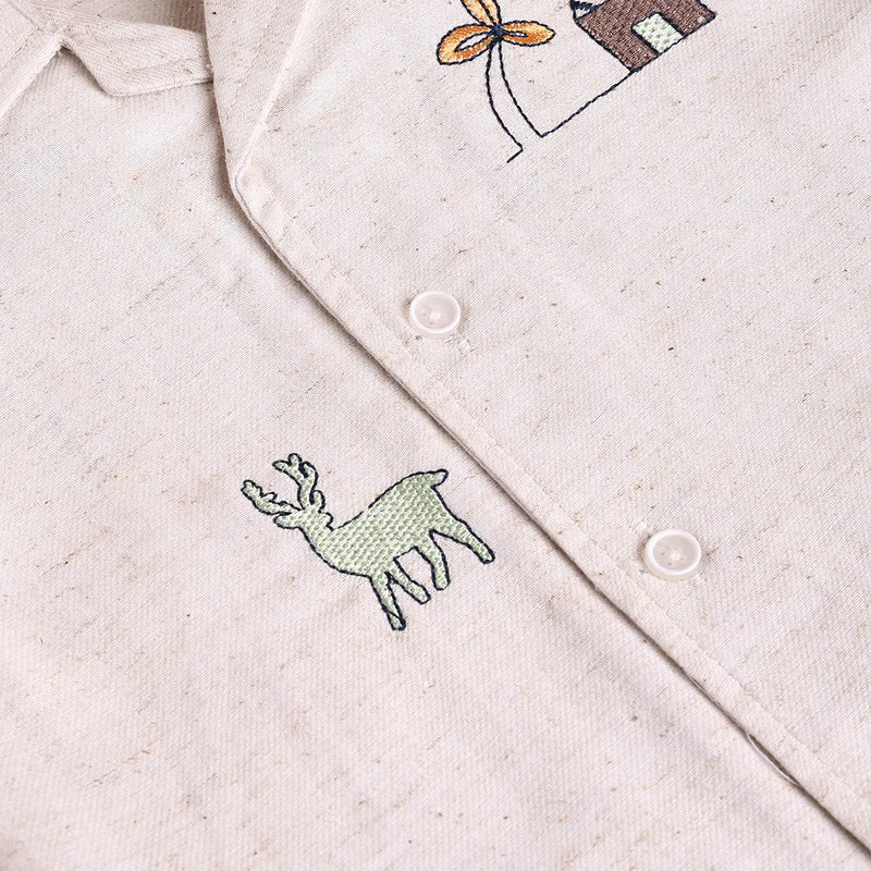 Boys Beige Embroidered Short Sleeve Shirt With Navy Shorts Sets 2 pc. Sets