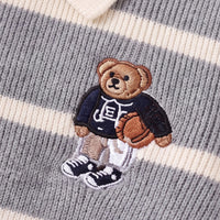 Boys Grey Polo Collar Sweatshirt With Self Design Stripe Patterns Sweaters & Cardigans