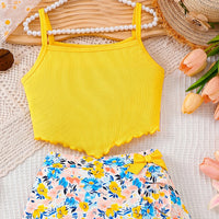 Girls Yellow Sleeveless Ribbed Top With Floral Print Skirt Sets 2 pc. Sets
