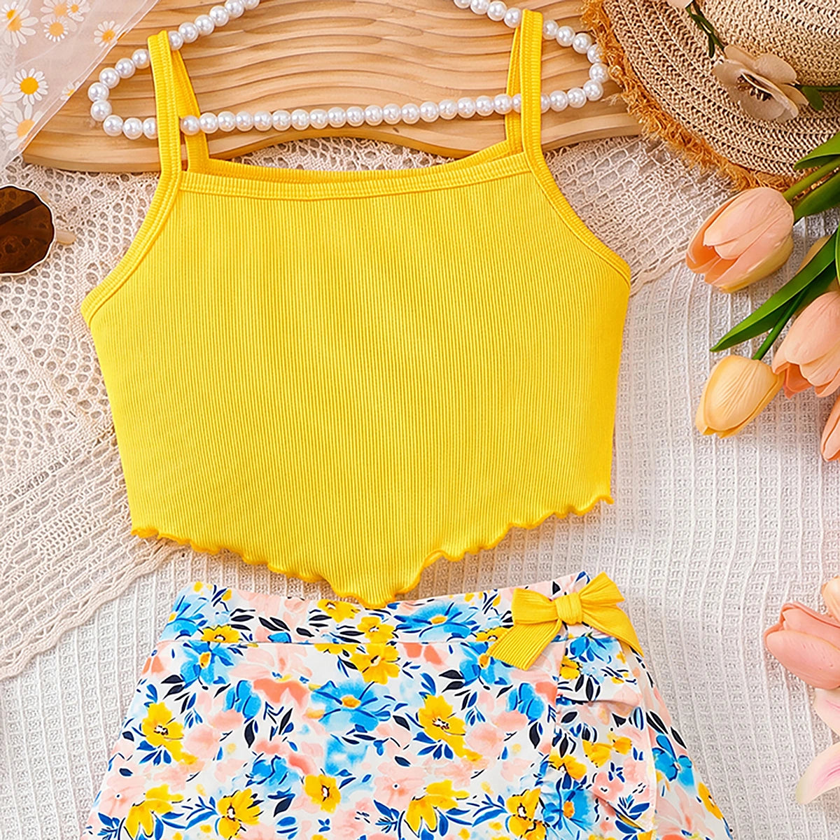 Girls Yellow Sleeveless Ribbed Top With Floral Print Skirt Sets 2 pc. Sets