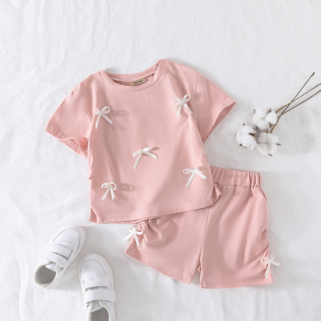 Girls Pink Bow Appliqued Short Sleeves Top With Shorts Set 2 pc. Sets