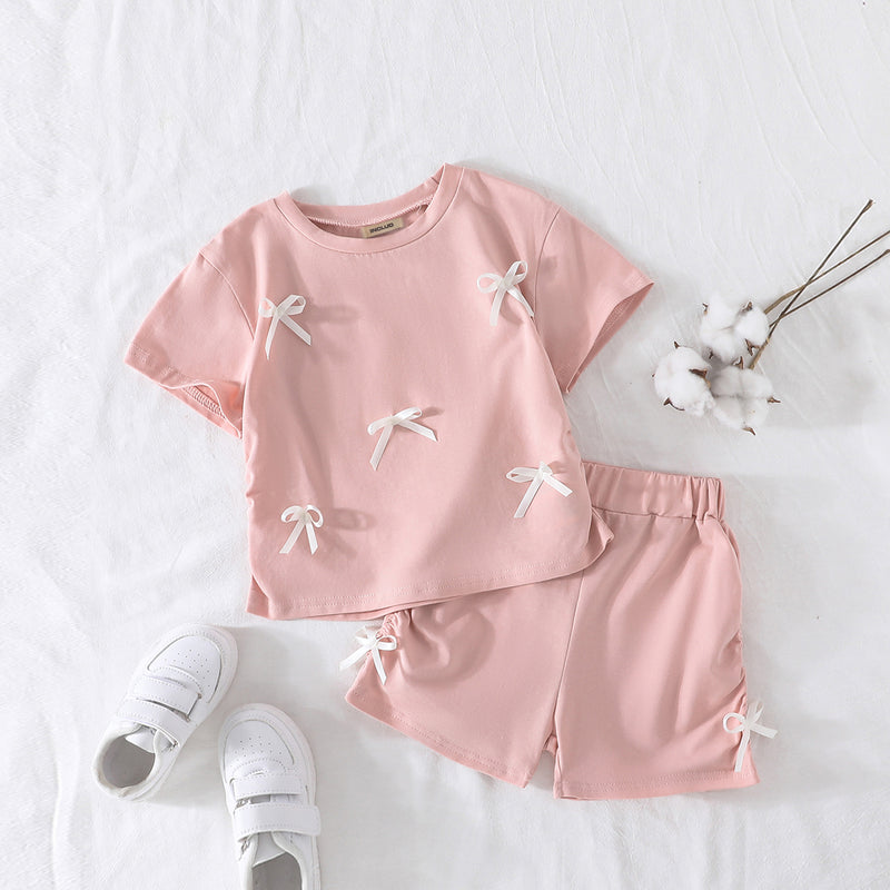 Girls Pink Bow Appliqued Short Sleeves Top With Shorts Set 2 pc. Sets
