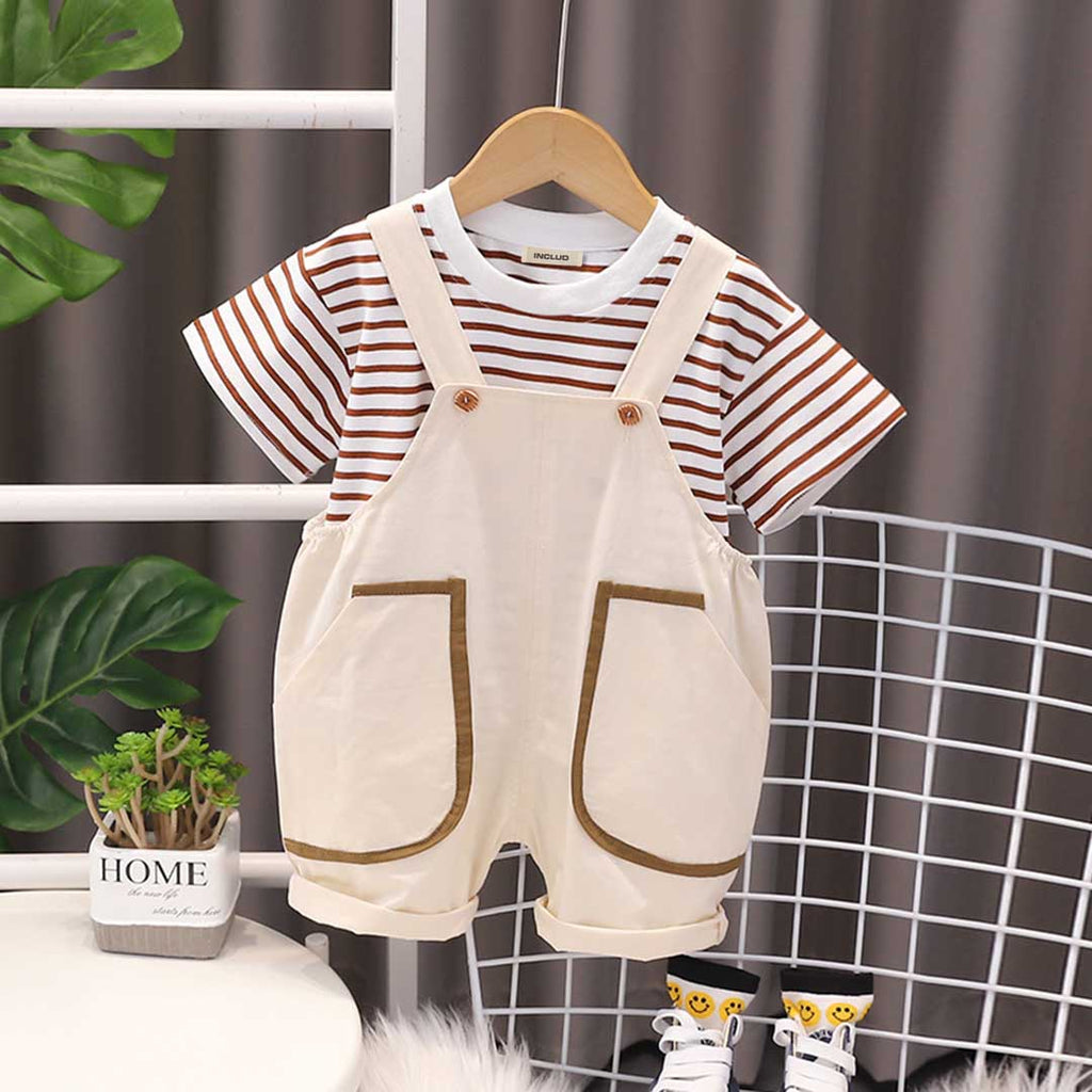 Boys Striped T-Shirt With Short Length Dungaree Set