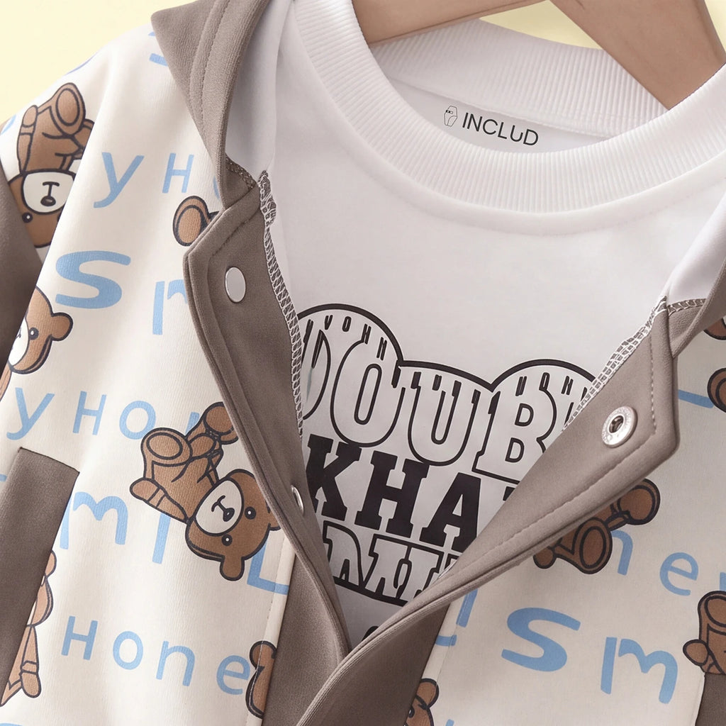 Boys Brown Typographic Hooded Jacket & T-Shirt With Denim Pants Sets Sets