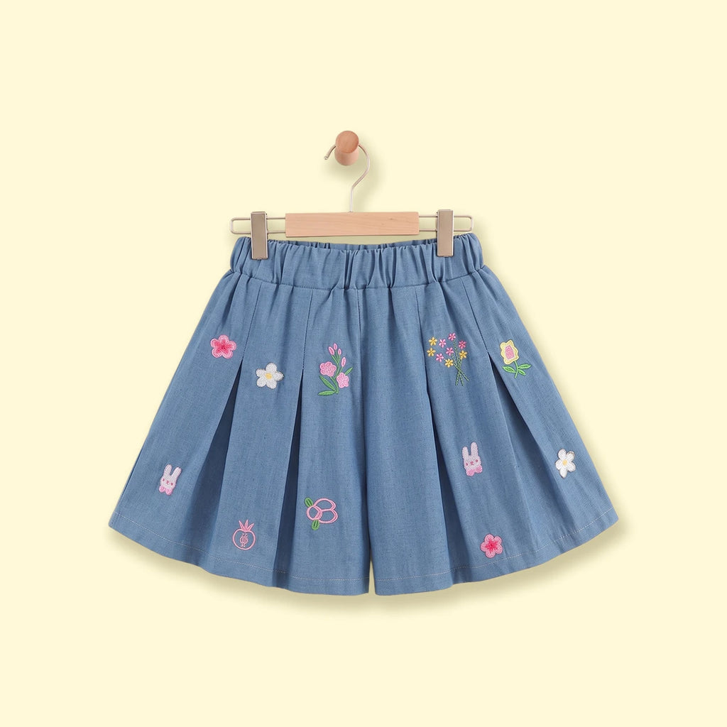 Girls Blue Floral Embroidered Denim Shorts Shorts Blue 1-2 Y