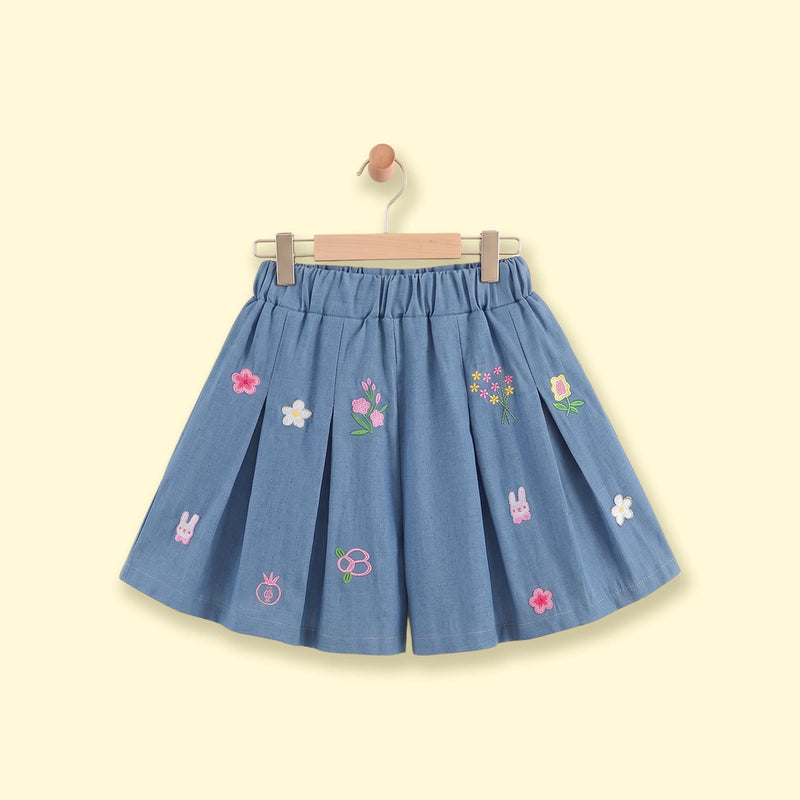 Girls Blue Floral Embroidered Denim Shorts Shorts Blue 1-2 Y