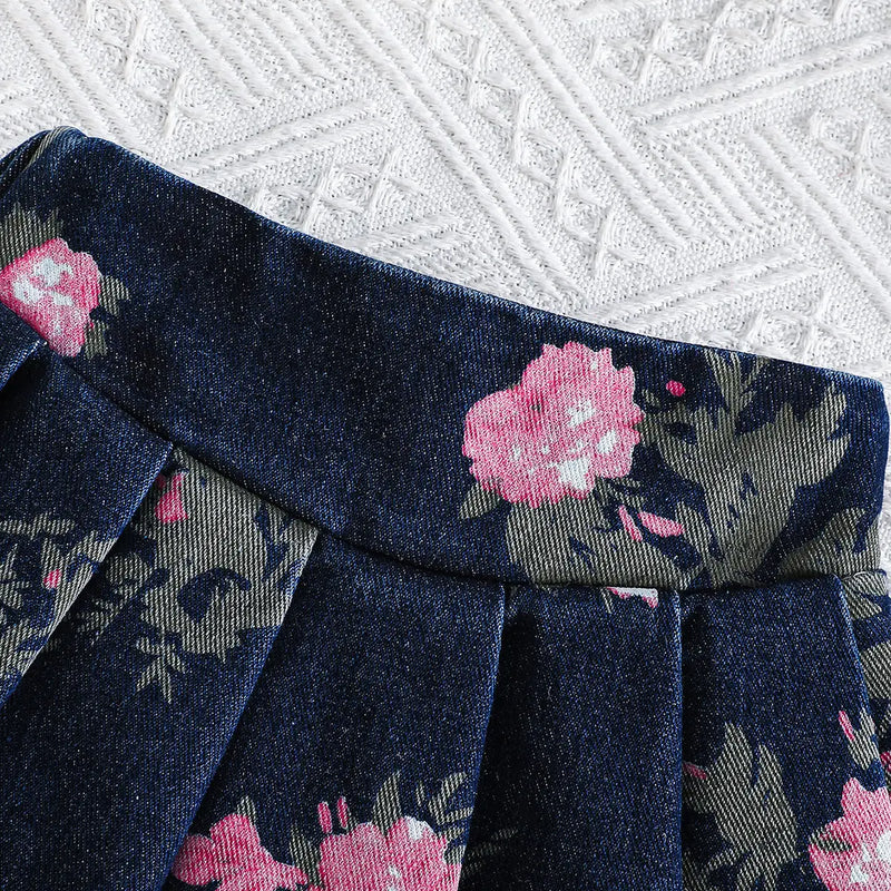 Girls Navy Blue Floral Printed Denim Top And Pleated Skirts Sets 2 pc. Sets