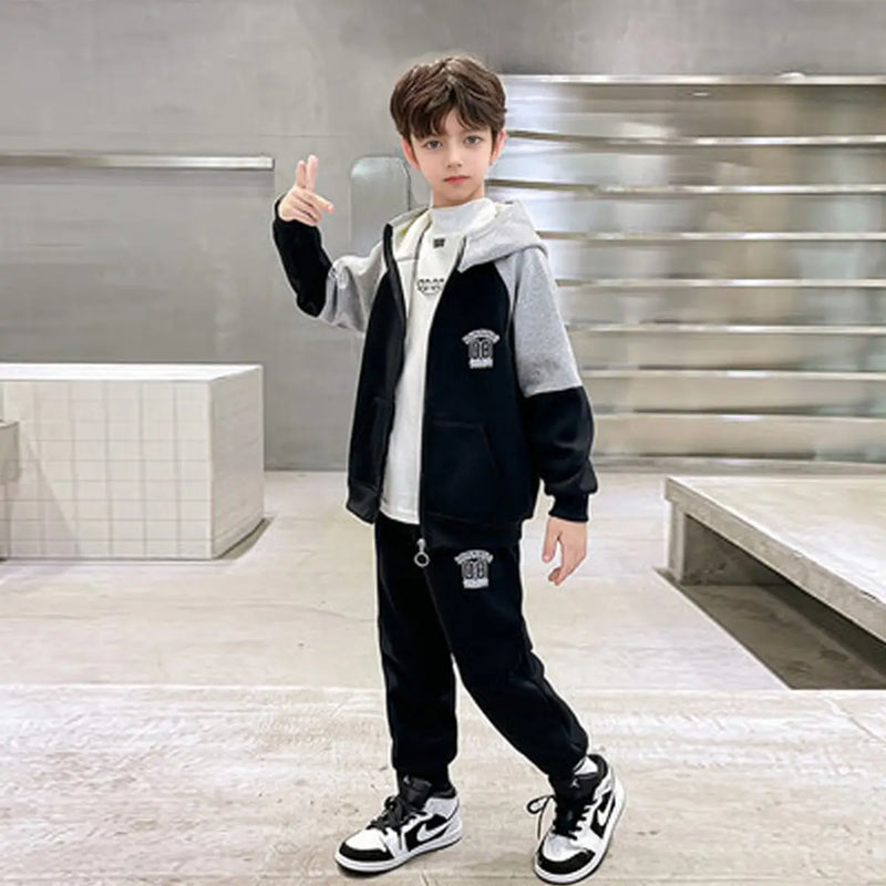 Boys Black Alphanumeric Printed Hooded Zipper Jacket With Jogger Sets Sets