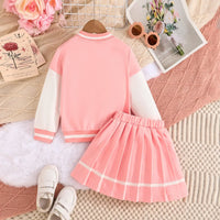 Girls Pink Embroidered Varsity Jacket With T-Shirt & Skirt Sets Sets