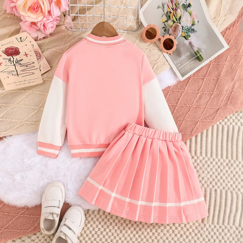 Girls Pink Embroidered Varsity Jacket With T-Shirt & Skirt Sets Sets