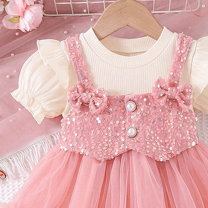 Girls Pink Sequined Short Sleeve Fit & Flare Dress Casual Dresses