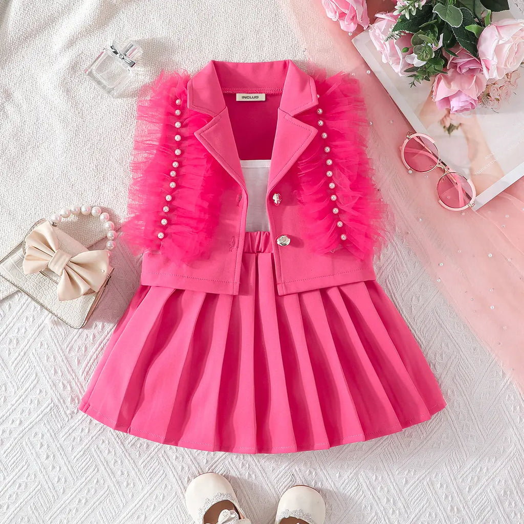 Girls Fuchsia Embellished Ruffled Blazer Vest With Pleated Skirt & Camisole Top Sets Sets