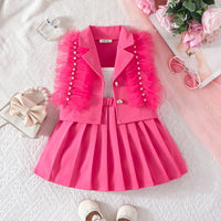 Girls Fuchsia Embellished Ruffled Blazer Vest With Pleated Skirt & Camisole Top Sets Sets