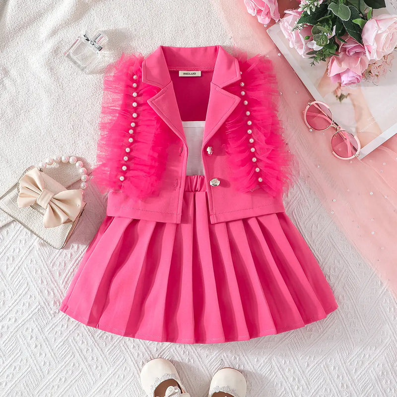 Girls Fuchsia Embellished Ruffled Blazer Vest With Pleated Skirt & Camisole Top Sets Sets