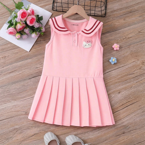 Girls Pink Hello Kitty Sailor Collar Pleated Dress Casual Dresses Pink 1-2 Y
