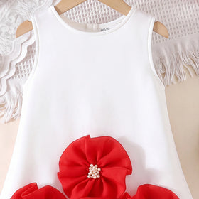 Girls Red Sleeveless Floral Applique A-Line Dress Casual Dresses