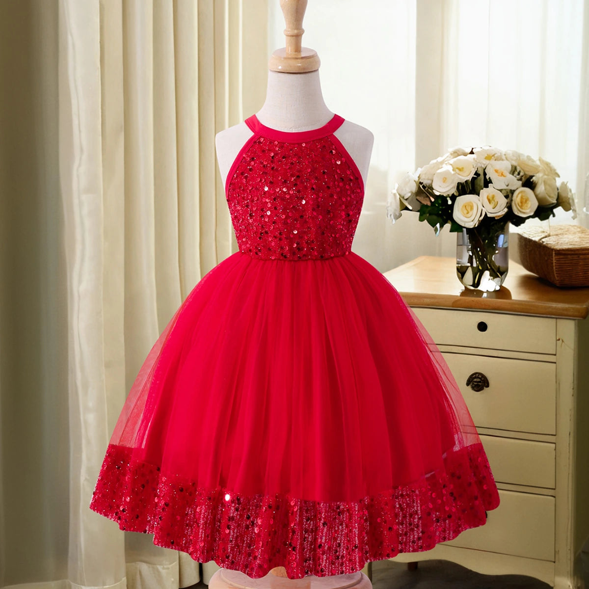 Girls Red Sequin Embellished Sleeveless Fit & Flare Dress Casual Dresses Red 3-4 Y
