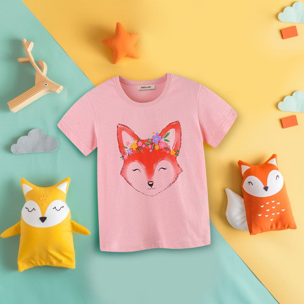 Girls Fox Print Short Sleeves Casual T-shirt