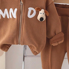 Boys Brown Letters Embroidered Fleece Hooded Zipper Jacket With Jogger Co-ord Sets Sets