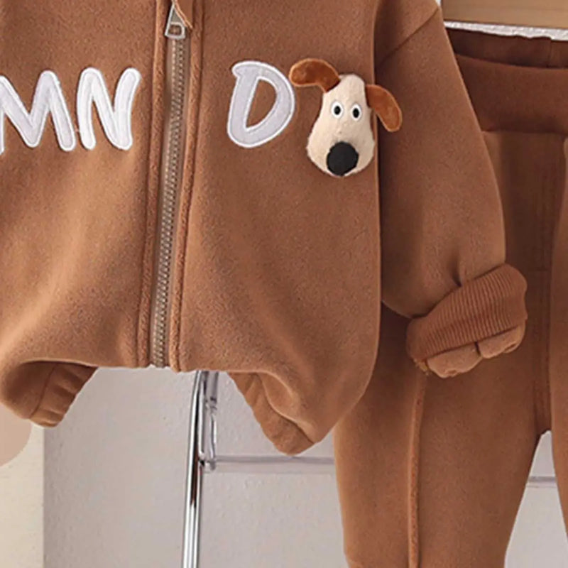 Boys Brown Letters Embroidered Fleece Hooded Zipper Jacket With Jogger Co-ord Sets Sets