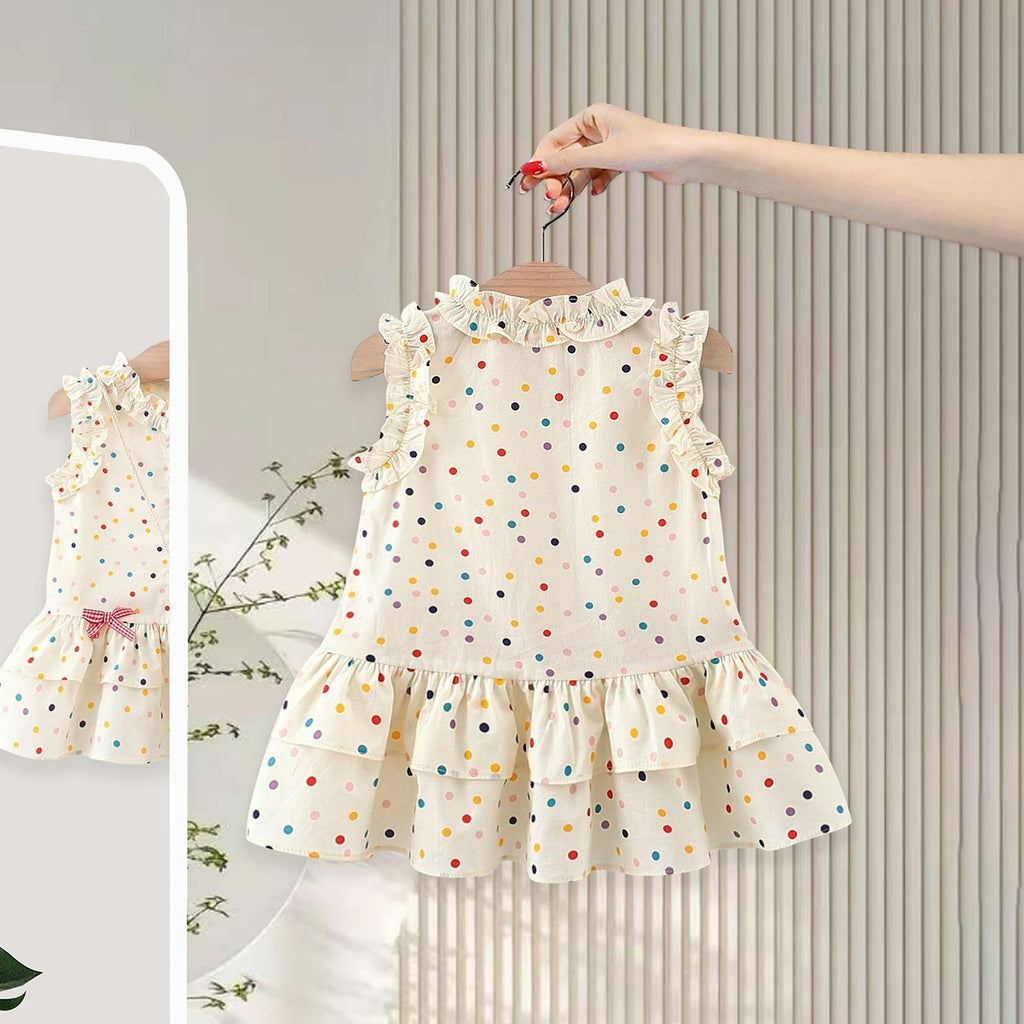 Girls Beige Polka Dot Print Ruffle Drop-Waist Dress Casual Dresses