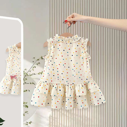 Girls Beige Polka Dot Print Ruffle Drop-Waist Dress Casual Dresses