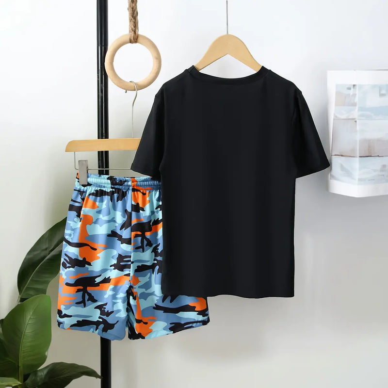 Boys Black Camouflage Printed Short Sleeves T-Shirt & Shorts Swimsuit Sets Sets
