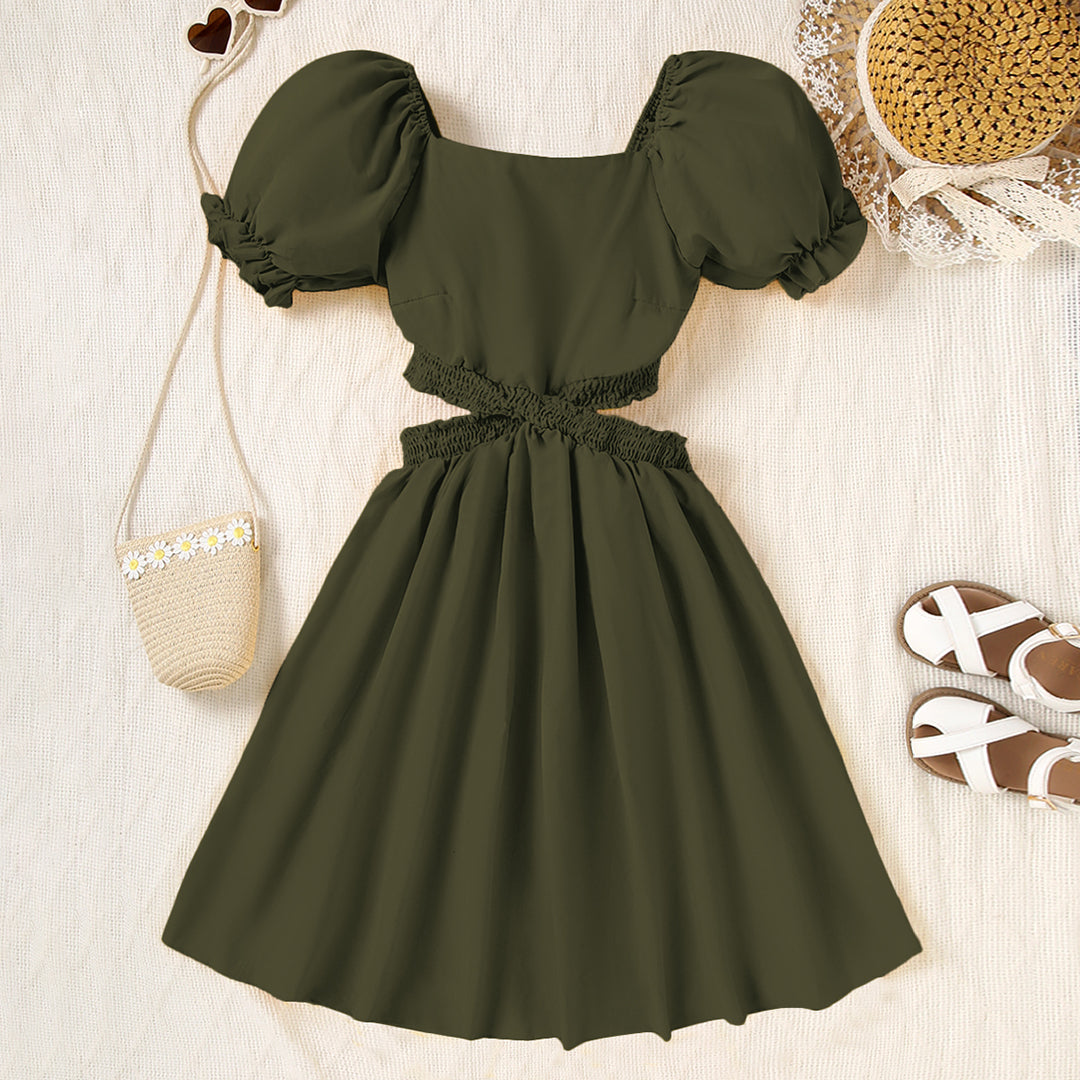 Girls Army Green Square Neck Short Sleeve Cross Waist Dress Casual Dresses
