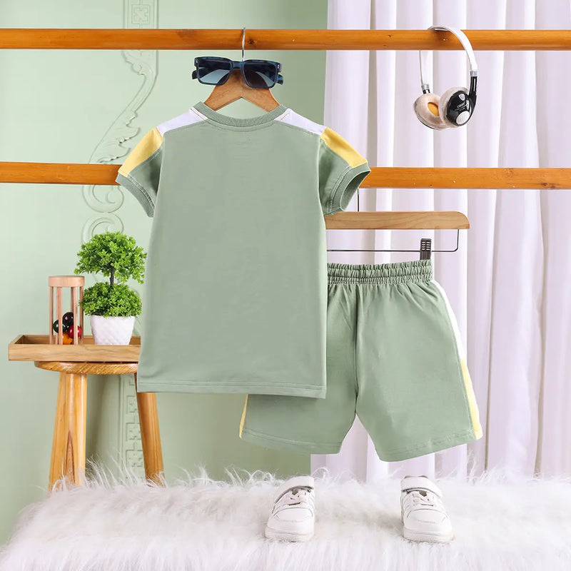Boys Green Typographic Printed Short Sleeve T-Shirt With Elasticated Shorts Sets Sets