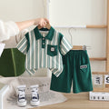 Boys Green Striped Contrast Collared Polo T-Shirt With Shorts Set 2 pc. Sets Green 1-2 Y