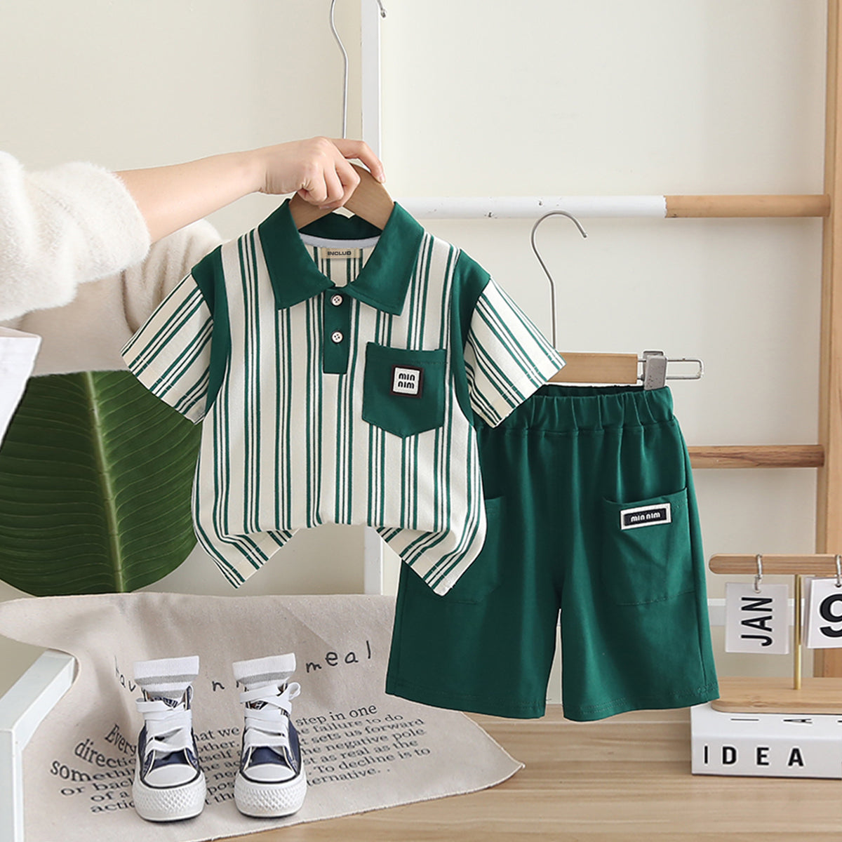 Boys Green Striped Contrast Collared Polo T-Shirt With Shorts Set 2 pc. Sets Green 1-2 Y