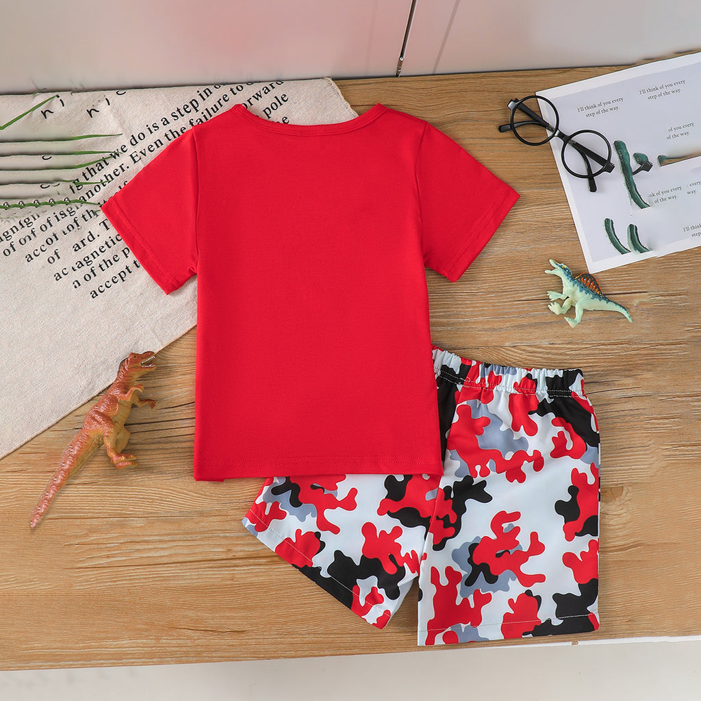Girls Red Dinosaur Printed t-Shirt With Shorts Summer Sets 2 pc. Sets