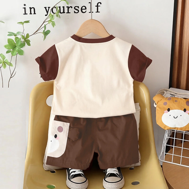 Girls Dark Brown Short Sleeves T-Shirt With Shorts & Sling Bag Sets Sets