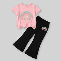 Girls Pink Rainbow Printed T-Shirt With Flared Pants Sets Sets