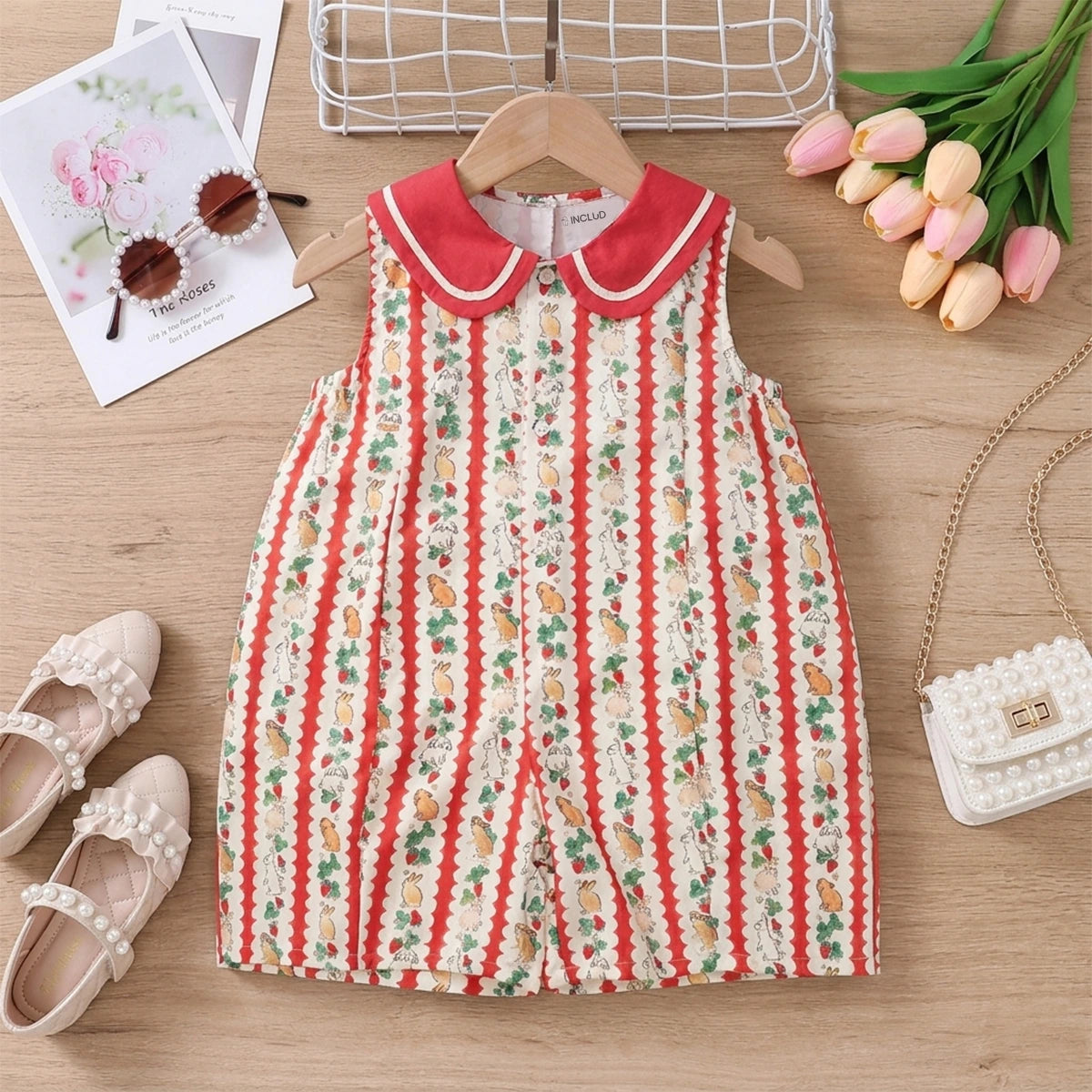 Girls Red Animal Printed Sleeveless Jumpsuit Jumpsuits Red 2-3 Y