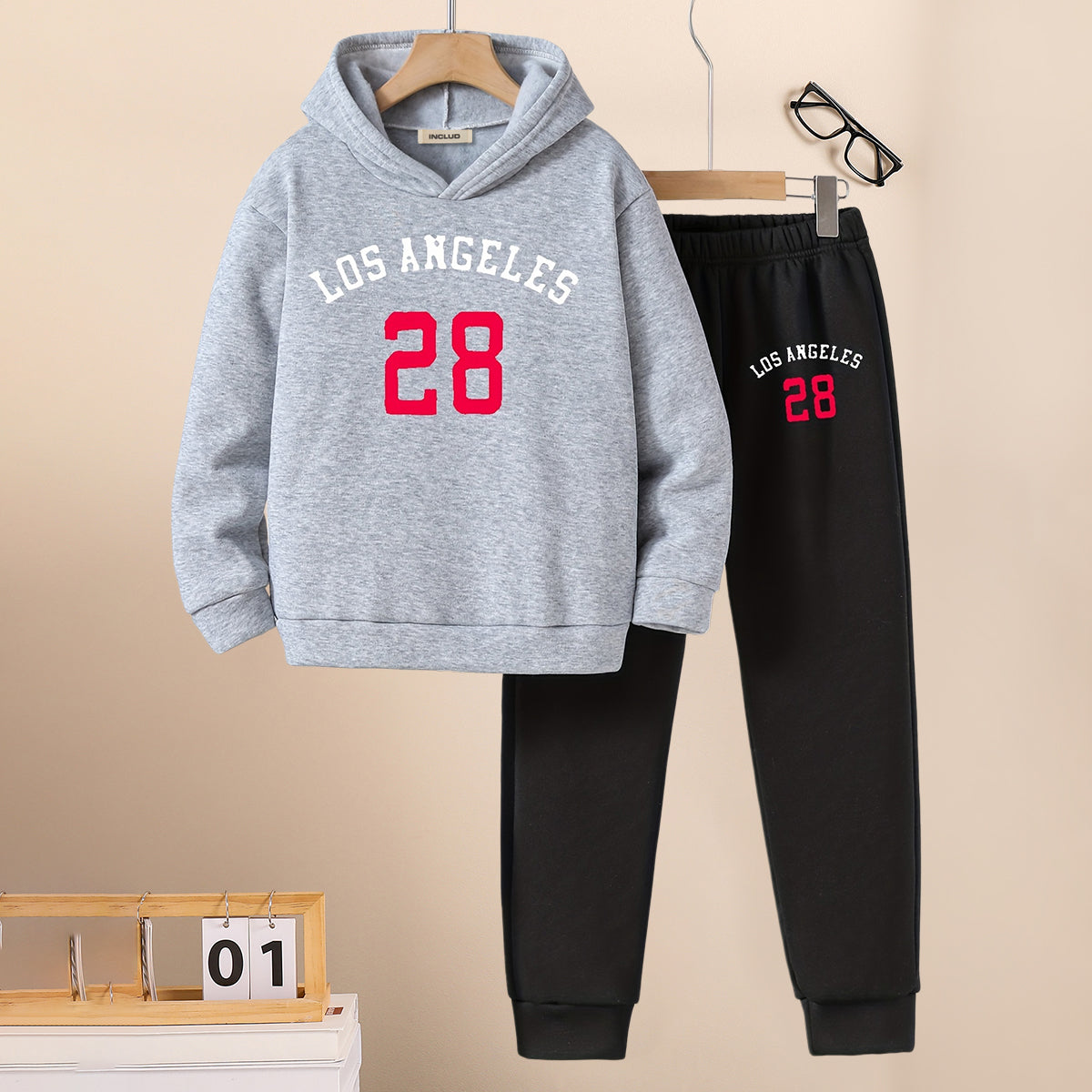 Boys Grey Melange Printed Hooded Sweatshirt with Joggers Set Sets Grey 5-6 Y