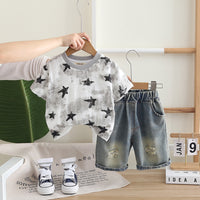 Boys Grey Star Print Shorts Sleeves T-Shirt With Denim Shorts Set 2 pc. Sets Grey 1-2 Y