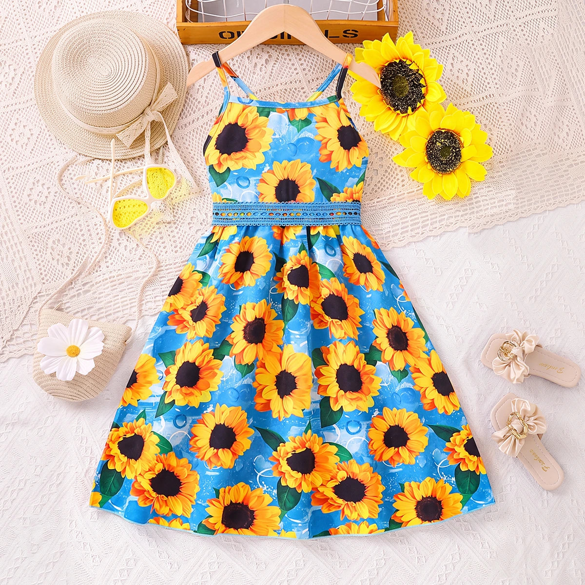 Girls Blue Floral Print Sleeveless Fit & Flare Dress Casual Dresses Blue 3-4 Y